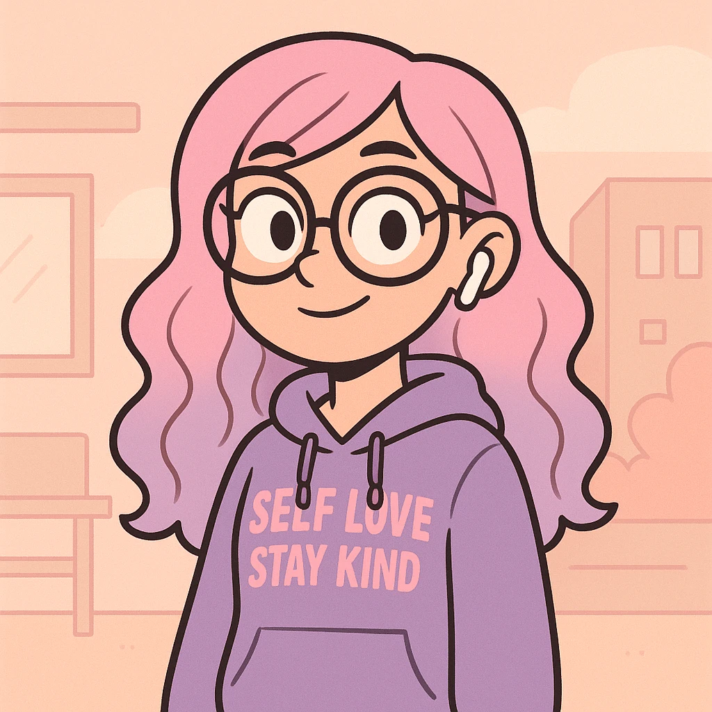 cute and modern digital avatar of a teenage girl with pastel pink and lavender ombre hair, oversized glasses, stylish hoodie with English phrases, wireless earbuds, confident and friendly expression, standing in front of a soft background with abstract classroom or city elements, clean 2D digital illustration, slightly cartoonish but polished, Instagram-style color palette emoji