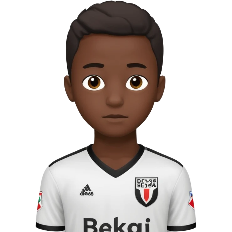 A dark-skinned boy, aged 15 and 16, is wearing a Besiktas jersey, black and white. emoji