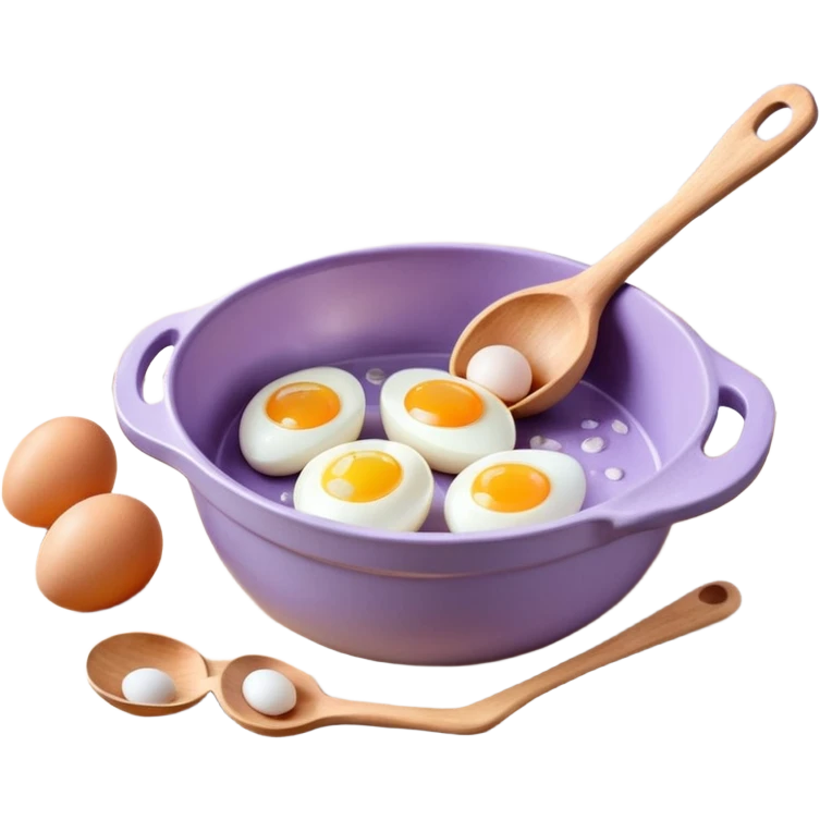 a lilac ceramic mixing bowl with a wooden spoon stirring and sitting next to it is a dozen eggs with the carton lid open emoji