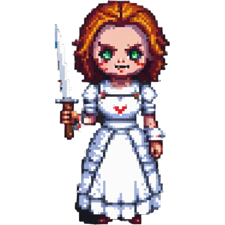 Chucky's bride with a mischievous expression holding a knife in pixel art style emoji