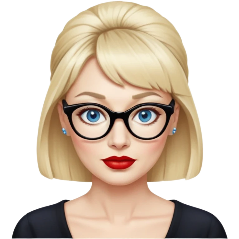 Woman in her early 50s with pale skin, wider face, blue eyes with eyeliner, thin eyebrows, red lipstick, blonde updo with bangs, wearing a black glasses  emoji