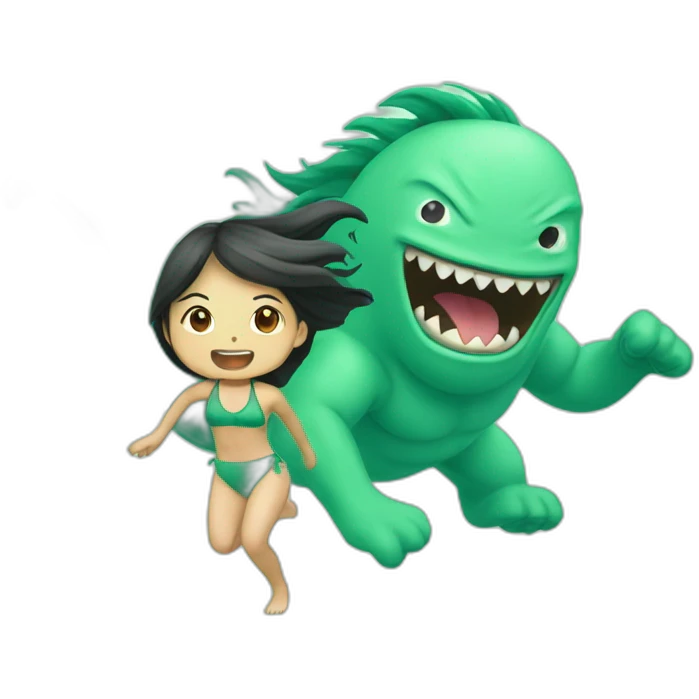 an asian girl with mint swimming suit and long hair being chased by a monster emoji