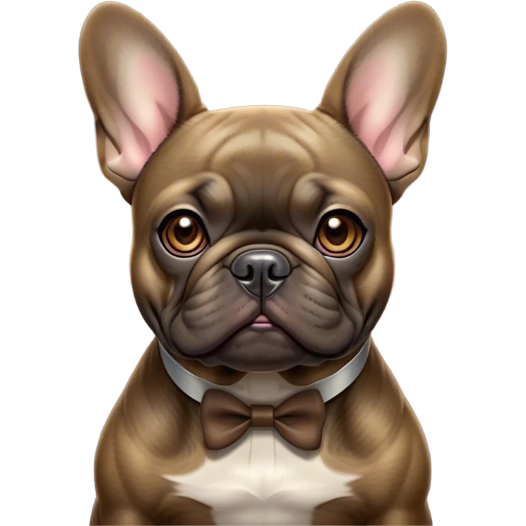 Cinematic Noble Brindle French Bulldog Portrait Emoji, Poised and regal, with a compact, muscular build and a sleek, well-groomed brindle coat accented by subtle fawn highlights, deep-set soulful dark eyes, Simplified yet sharp and sophisticated features, highly detailed, glowing with a soft, dignified glow, high shine, intelligent and determined, stylized with an air of authority, focused and attentive, soft glowing outline, capturing the essence of a watchful and confident companion, so majestic it feels as though it could strut out of the screen with effortless authority! emoji