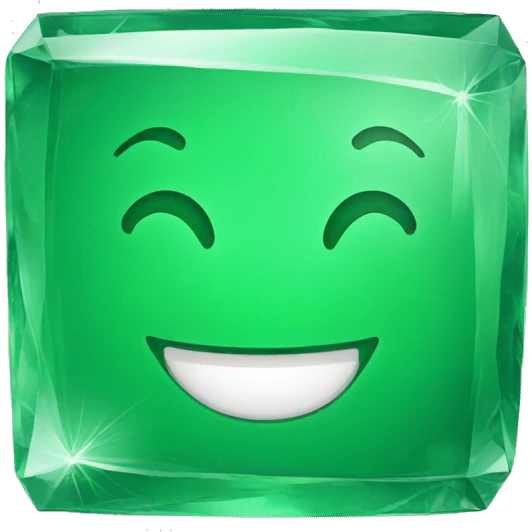 a green square cristal, happy face emoji