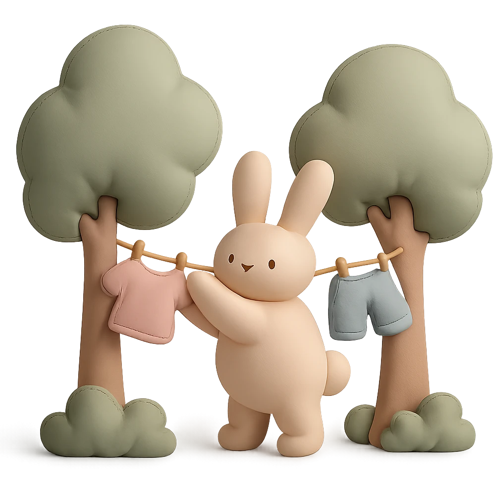 bunny hanging laundry between trees, calming domestic forest feel, soft pastel colors emoji