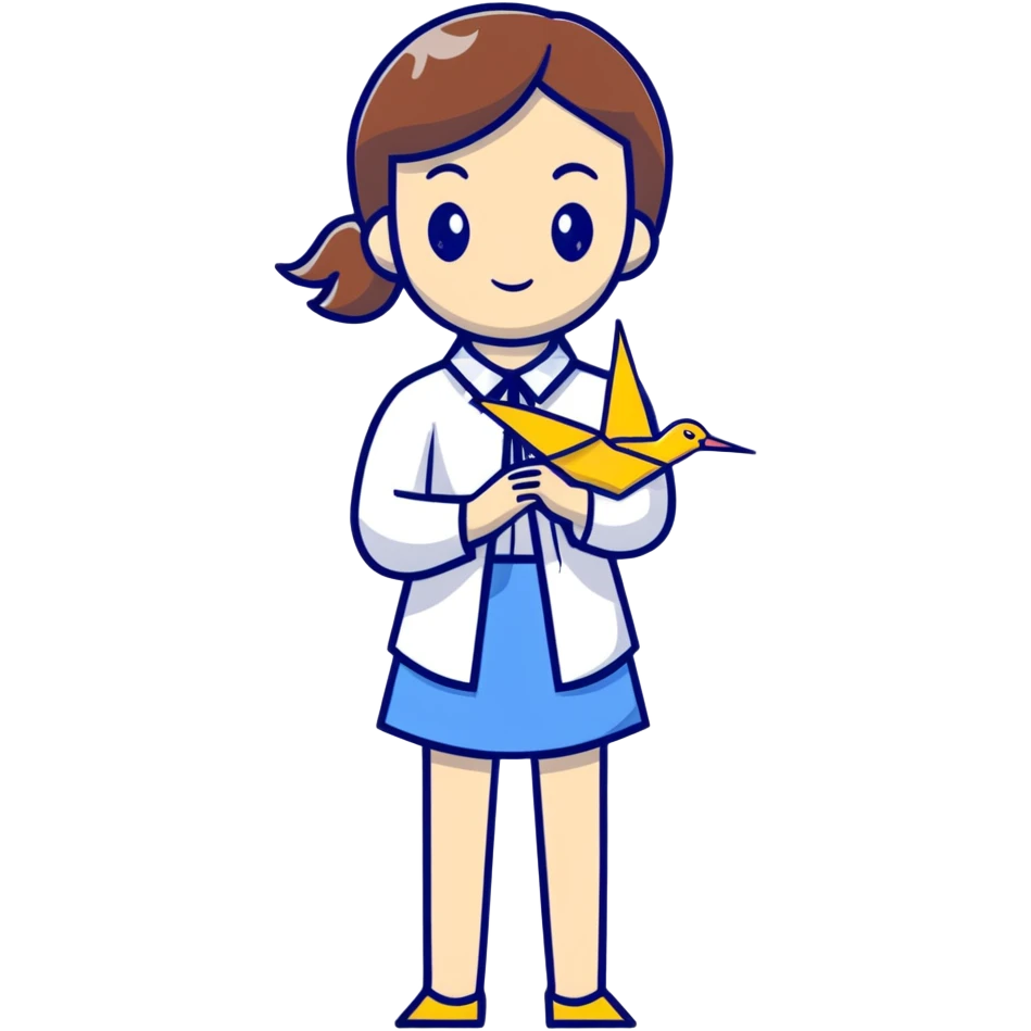 A Ukrainian young girl wearing a white embroidered shirt holds an origami yellow-blue crane emoji