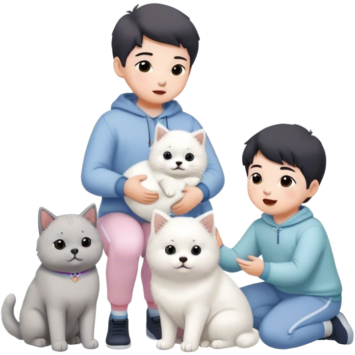 children in pastel clothes play with a Samoyed and a black British cat emoji