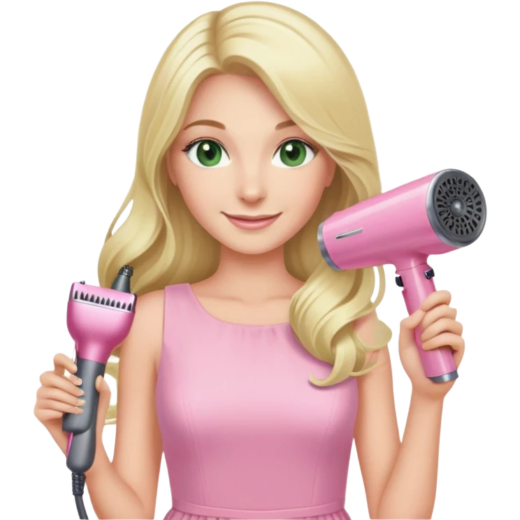blonde with long hair and swamp eyes, wearing a pink pastel dress, holding a pink Dyson hair dryer, smiling emoji
