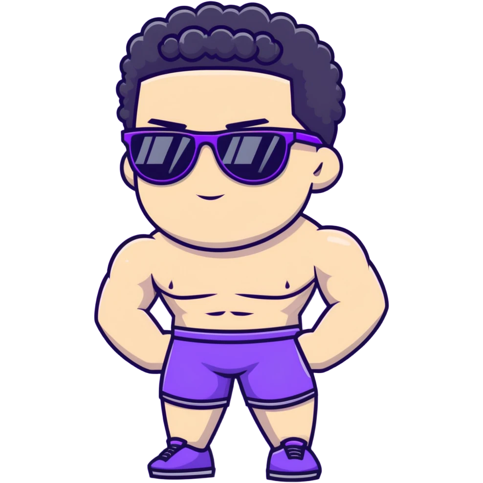 shirtless male athlete with white skin and moderately curly black hair on top with shaved sides, wearing purple sunglasses with black tinted lenses emoji