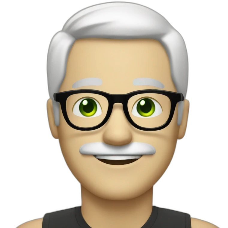 happy man white hair black mustache round black glasses green eyes emoji