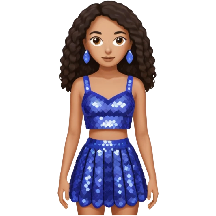 Solange with dark brown long hair, periwinkle sequin crop top and skirt emoji
