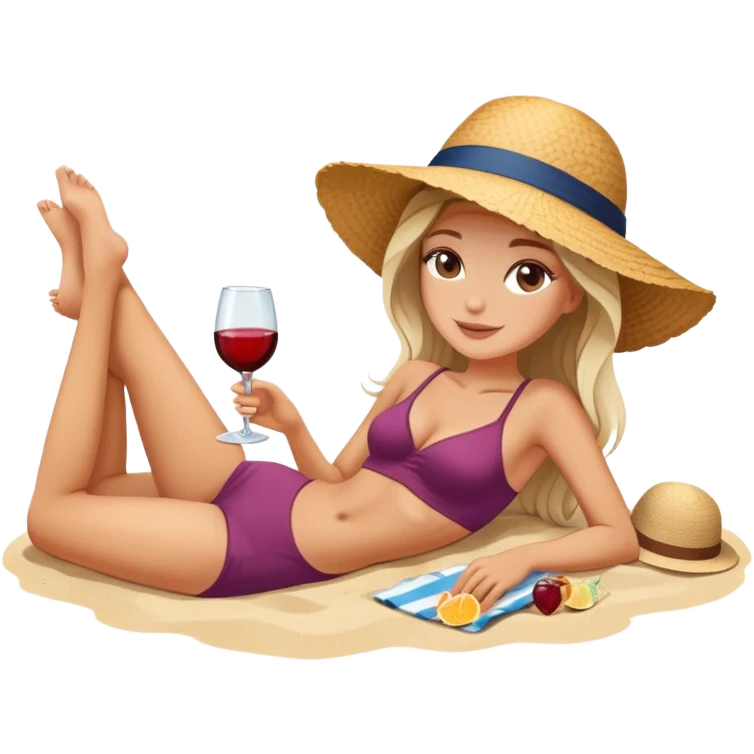 white girl laying on the beach with glass of wine emoji