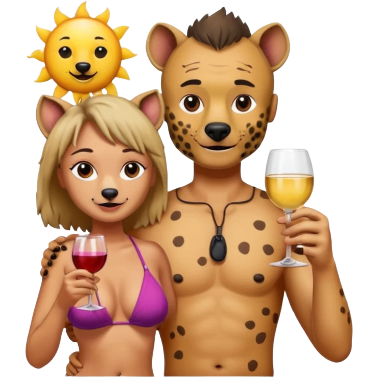 female hyena in bikini  with glass of wine on top of man emoji
