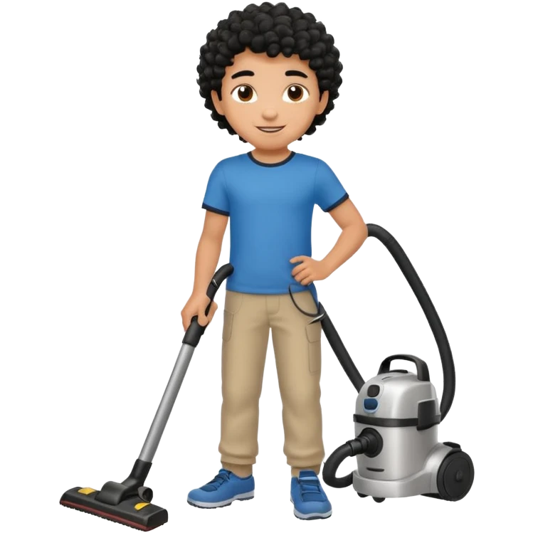 Emoji to encourage kids to do chores - should contain something about house chores, ok replace the broom with a vaccum make it atheltic boy 8 years old - egyptian with curly hair emoji