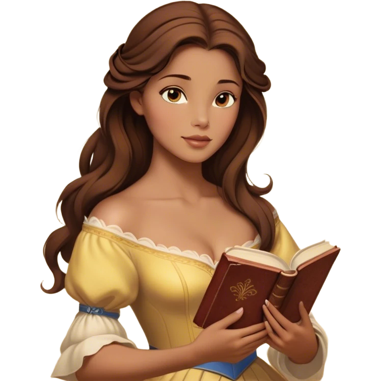 Cinematic Realistic Belle Portrait, depicted with lifelike skin texture, soft natural lighting, and intricately detailed brown hair styled elegantly. Her deep, expressive eyes exude warmth and intelligence, complemented by a serene and graceful expression. She gently holds a book in one hand, her other hand resting at her side, radiating an aura of beauty and intellect. She is dressed in her classic yellow ball gown, the fabric rich in texture with delicate folds that catch the light beautifully. The portrait features a soft, enchanting glow with a natural, radiant finish, capturing the essence of timeless beauty in a realistic and painterly style, evoking a sense of depth and authenticity. emoji