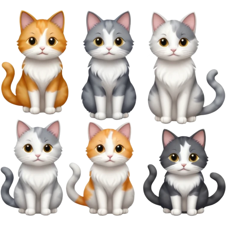 6 realistic looking cats with different natural coloured coats, assorted grey and white, greys, calico colours etc
 emoji