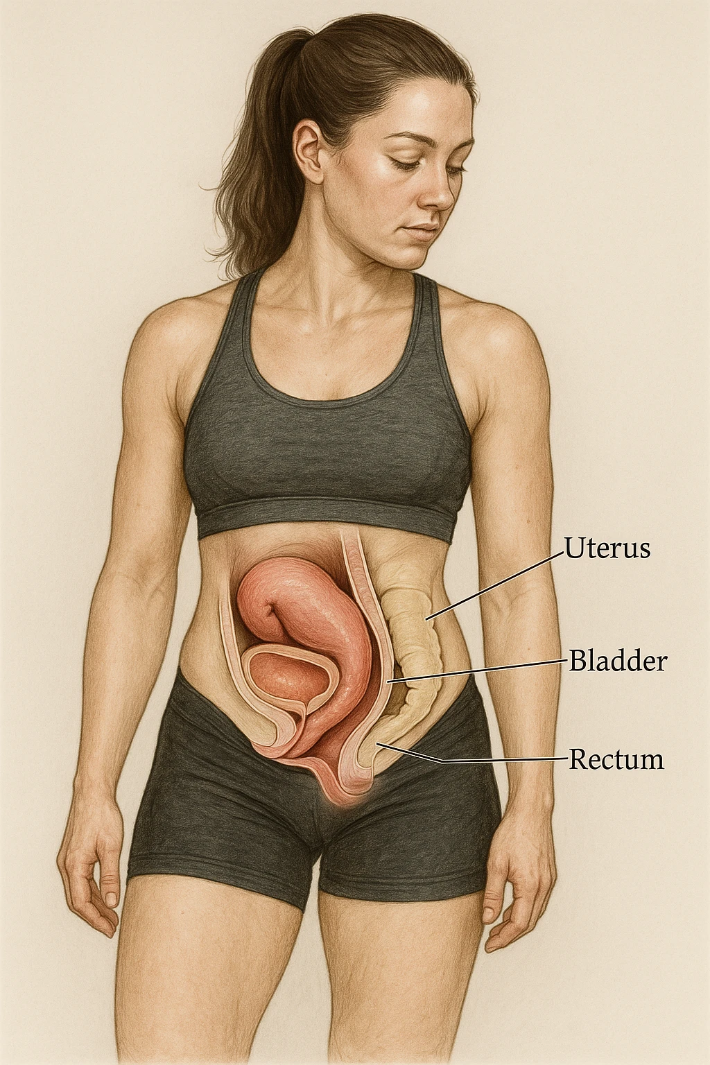 realistic anatomical illustration of a woman in sportswear inspired by reference photo, showing pelvic organ prolapse: highlighting uterus, bladder, and rectum, medical style, neutral background emoji