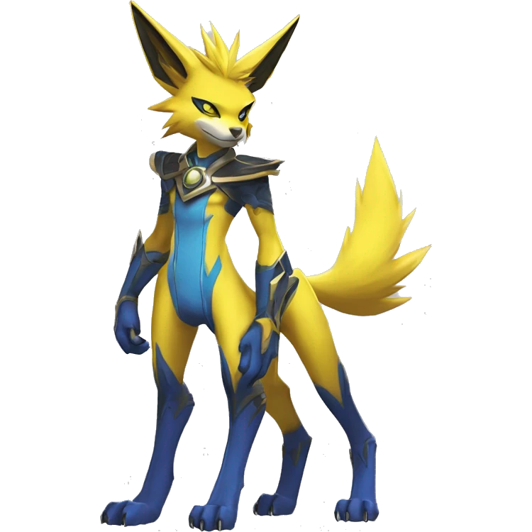 Yellow Anthro Edgy Cool Sonic-Zeraora-Anubis-Renamon-Jolteon-Pokémon-Fakémon with shiny blue markings Full Body Detailed High Quality  emoji