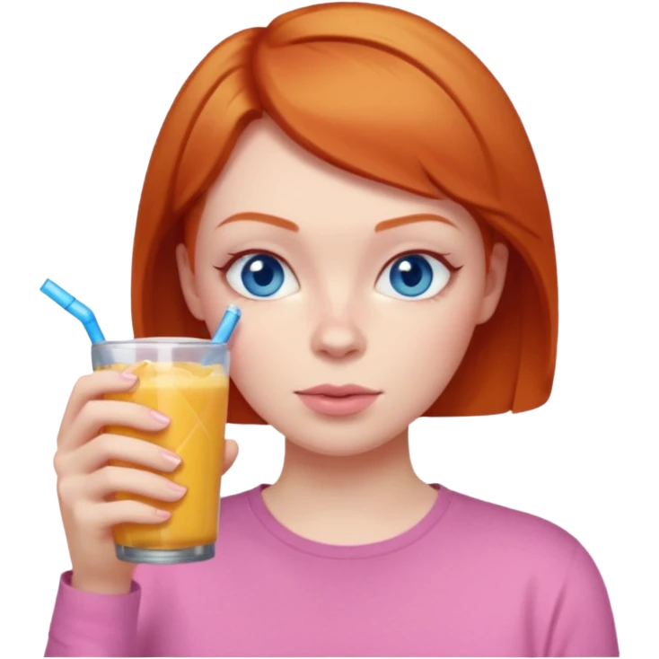 ginger woman short hair, pink shirt, sipping energy drink blue eyes cosy  emoji