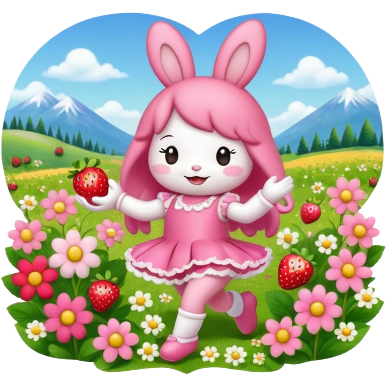 My melody dancing in a meadow of flowers while eating a strawberry emoji