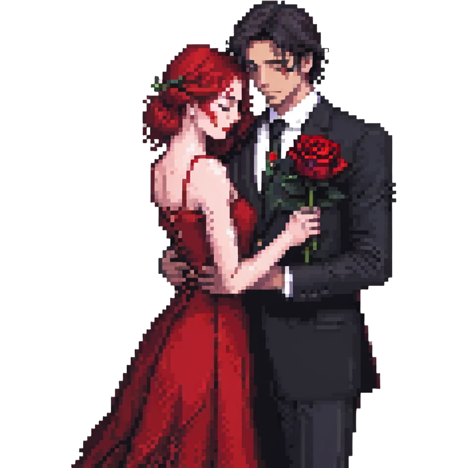 pixel art of a tango couple, man in black suit with red rose, woman in red dress, dramatic pose, close embrace, expressive, classic tango, emoji size, cute and vibrant emoji
