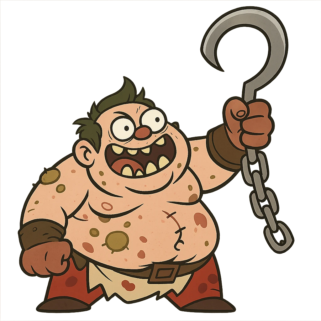 Pudge as a funny, exaggerated cartoon character, with a comical expression and oversized hook emoji