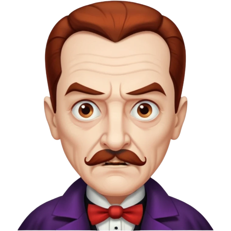 An elderly man with slicked-back reddish-brown hair, sharp brown eyes under heavy brows, and a white mustache, giving him a stern, Dracula-like appearance. emoji