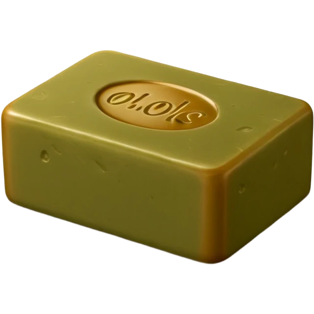rustic matte soap block, rectangular or cube-shaped, warm olive green or brown, slightly irregular edges, subtle embossed stamp, no foam or packaging, soft lighting, subtle shadows, emoji scale emoji