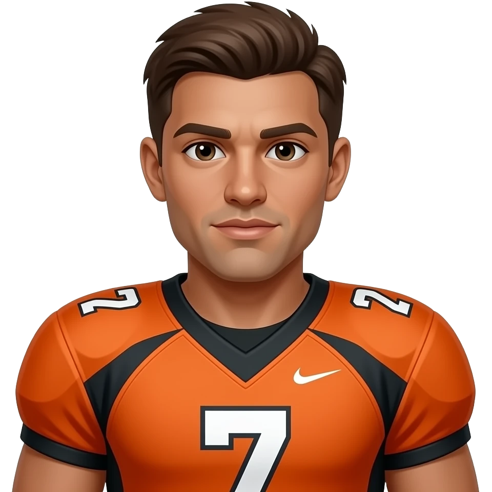 Make me an American football player wearing the number 7, on the jersey have it orange and black. Make it brown hair and the skin color tan. Make the player turned around so I only see it’s higher half emoji