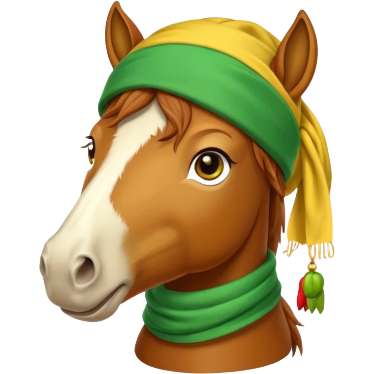 a fabulous funny winter horse in a green bandana hat with a yellow scarf emoji