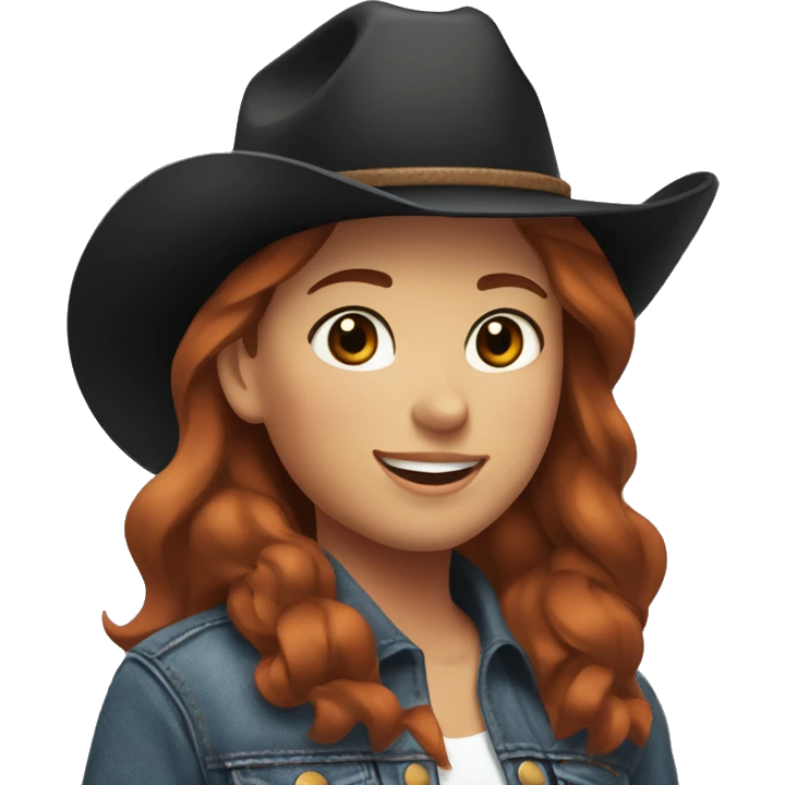 Girl with short red hair, with brown eyes, smiling, wearing a denim jacket and black shirt and brown cowgirl hat, with a brown horse next to her with a white spot on her forehead. emoji