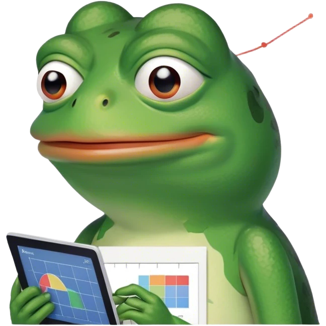 Pepe the Frog as a trader, with charts on the screen, meme art style, hilarious and bright emoji