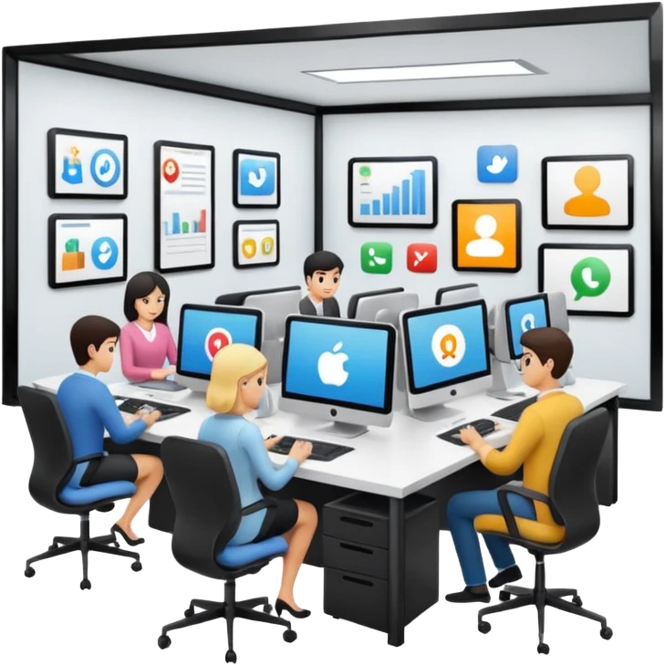 the AI-Enabled Workplace, open office with AI assistants, people using smart devices emoji