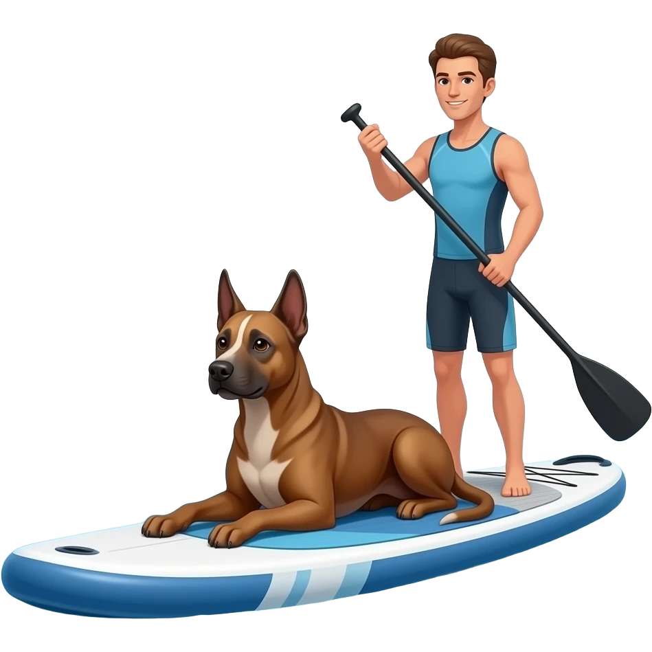 A Podenco portugais white-coffee coloured runner type slim Podenco (joung adult) is lying down sphinx like on a sup in front front of a real paddling standing paddler on the same sup-board in real proportions on sea emoji