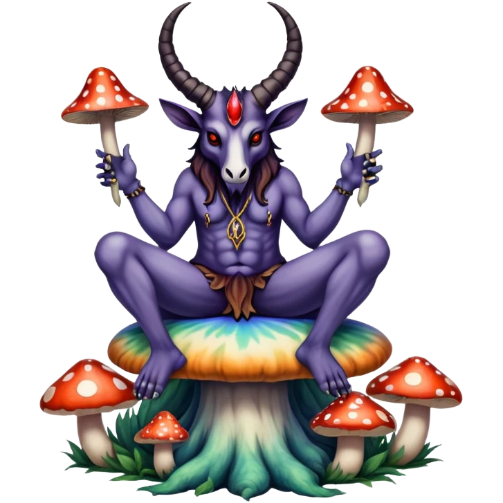Baphomet sitting on a tiedye mushroom emoji