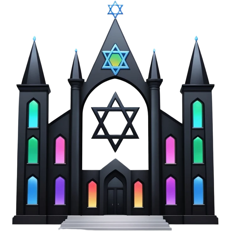 jewish synagogue temple in dark goth aesthetic style with black building and very light rainbow tint glass windows and star of david and celestial symbolism emoji