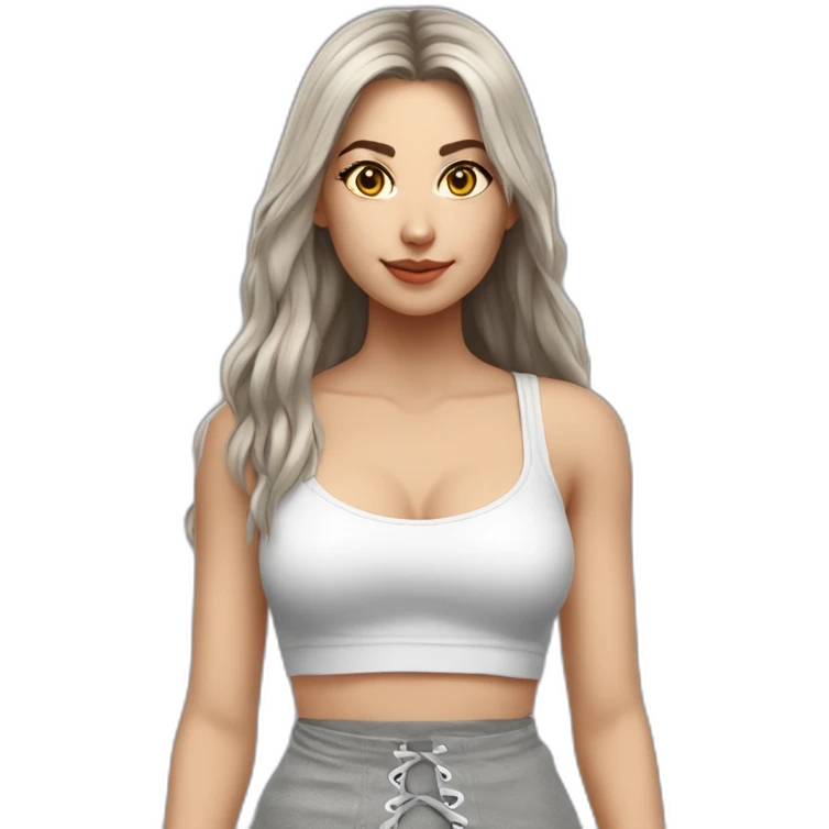 hyperrealistic-caucasian-female,-long-straight-hair,-white-lace-up-crop-top,-tight-grey-mini-skirt,-full-view emoji