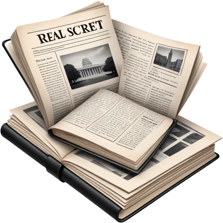 Icon for Non-Fiction & Narrative Reading: an open book with black-and-white photos on the pages, surrounded by a pile of newspaper clippings, and an open folder with top-secret documents. The icon should reflect the blend of real stories and facts in non-fiction literature. Transparent background. emoji