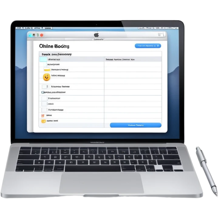 online booking system on MacBook screen next to an old-style paper notebook with a pen emoji