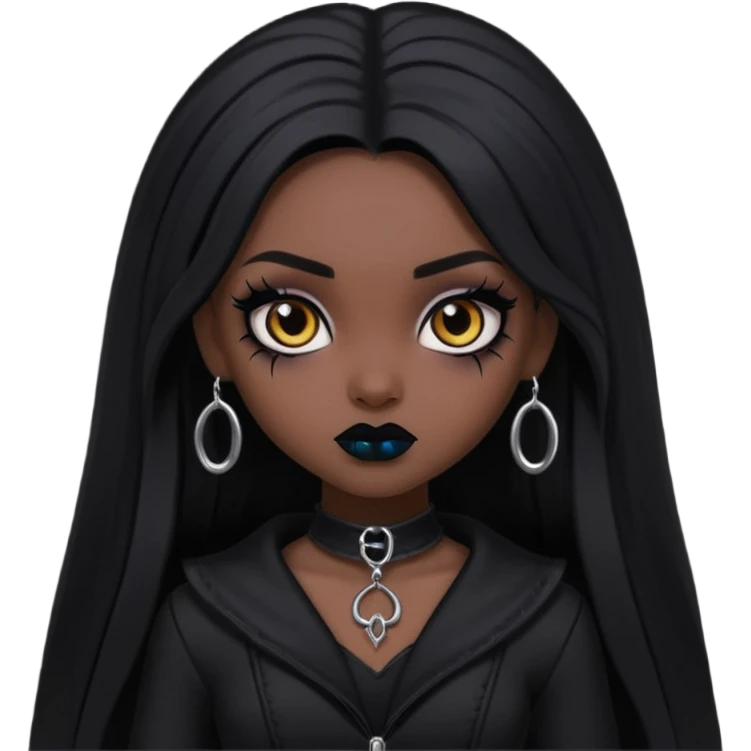 dark skin, goth bratz baddie, beautiful brown eyes, gothic black makeup, long black hair, black gothic hair styled, black goth clothes emoji