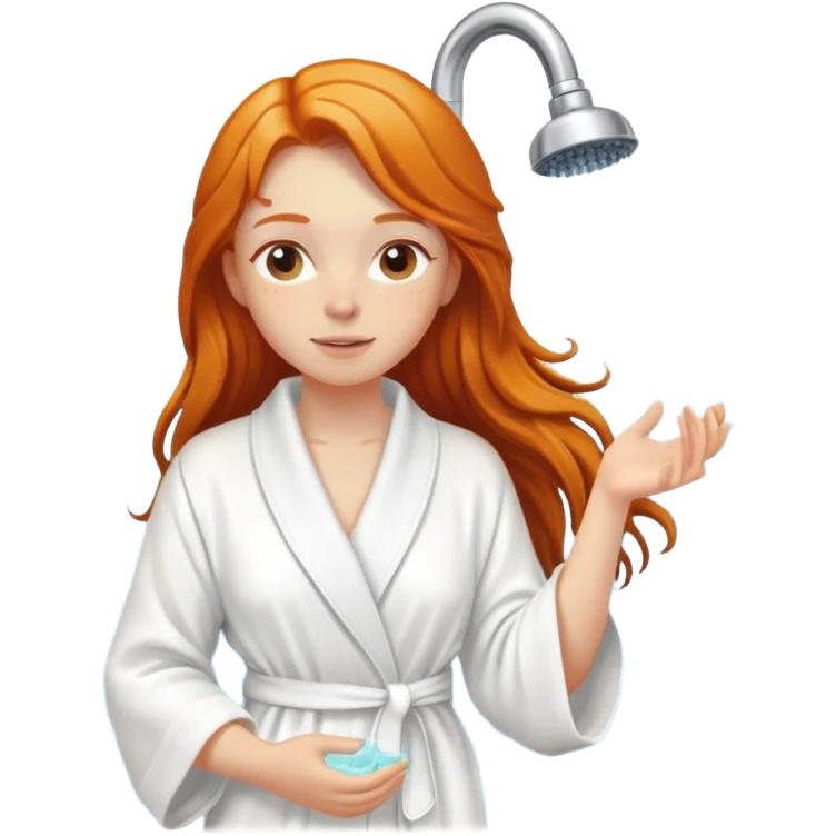 Ginger girl in white robe long wet hair relaxing shower skin care emoji