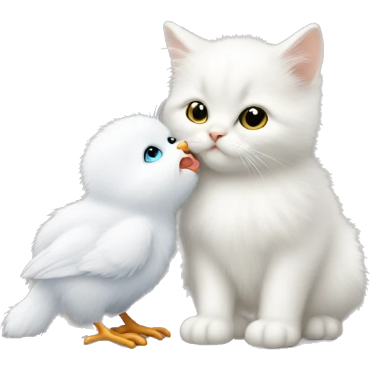 White fluffy cat kissing baby chick emoji