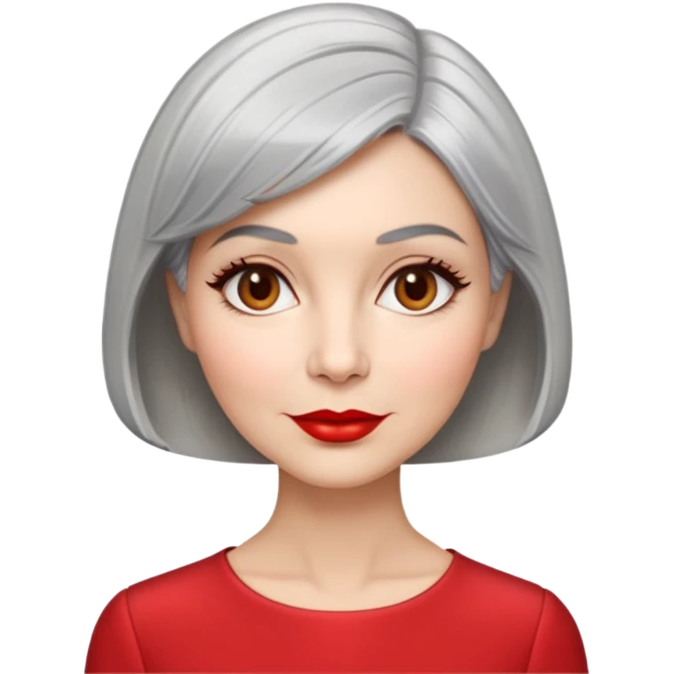 Sophisticated 70s woman with silver-gray bob cut, fair skin, almond eyes, distinctive cheekbones, wearing red lipstick and red blouse, warm friendly expression emoji
