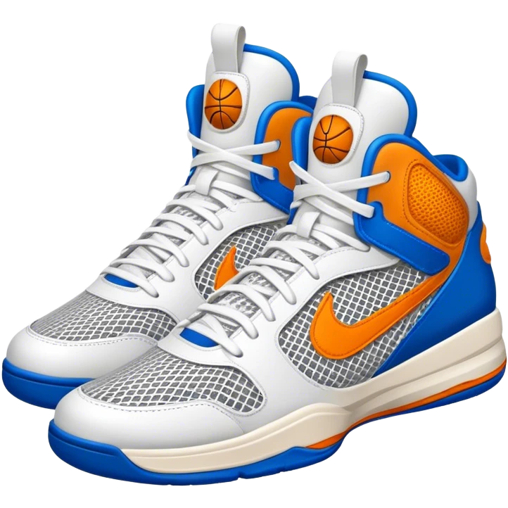 Cinematic Realistic image of a pair of basketball sneakers featuring detailed mesh and leather textures, vibrant color accents and dynamic design lines, illuminated by bold, high-energy arena lighting emoji