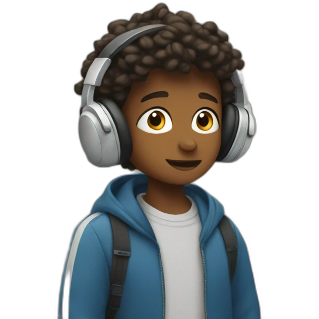 young boy listening to audio and travels the city emoji