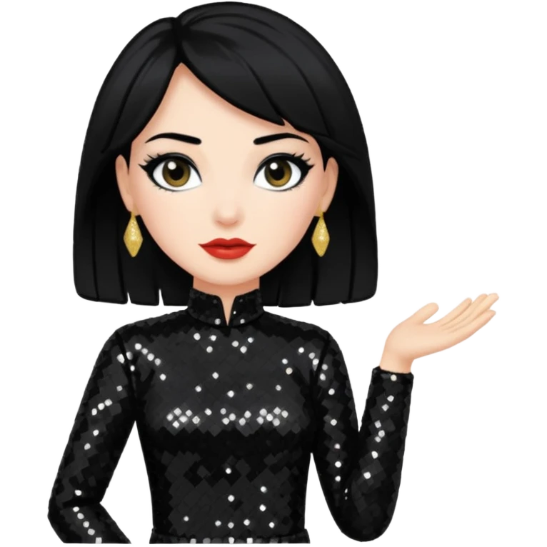 Carol-Anne Moss with black hair, black sequin outfit emoji