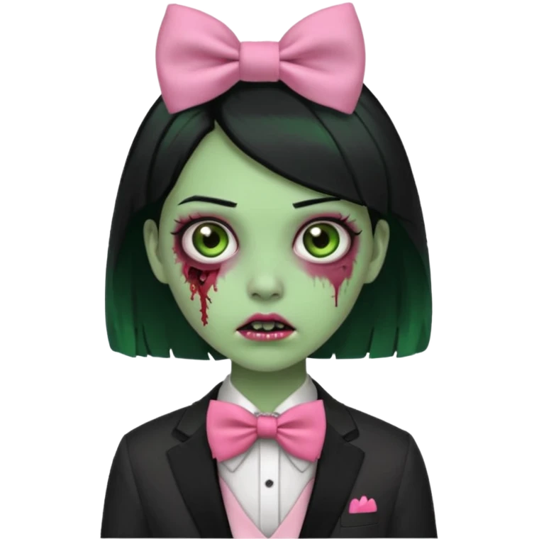 zombie green skin girl, black hair with pink bow tie emoji