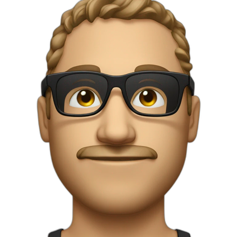 Guy in his 30’s, wearing a tank top, black squared glasses frame e mustashe wet from emoji