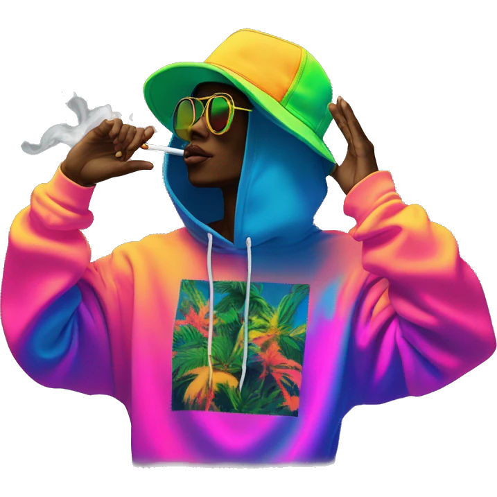 Multicoloured neon person smoking wearing hoodie dancing hip hop bucket hat tropical Skater fashion aesthetic baggy clothes graphic t shirt 420 emoji