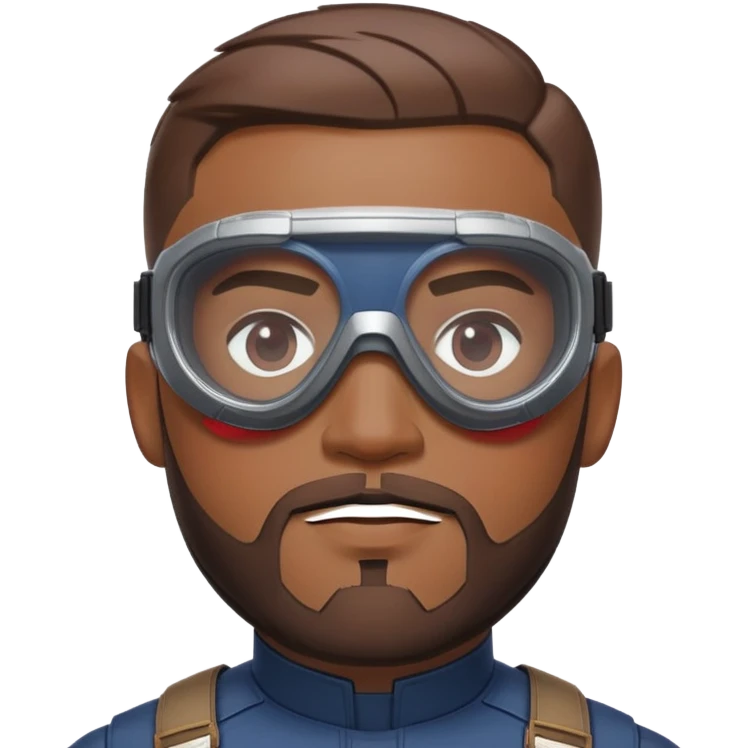sam wilson with very short, neatly cropped and a well-groomed beard that connects to his mustache,  wear sleek, red-tinted tactical goggles fit snugly from captain america: civil war emoji